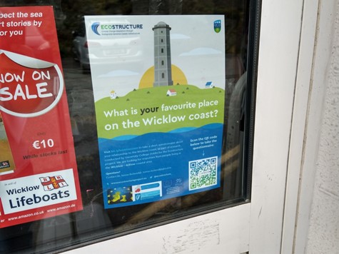 Photo showing a poster for a study promotion at the RNLI station in Wicklow town in a window.